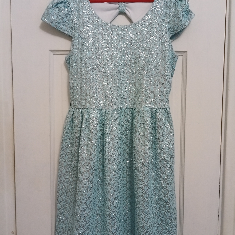 Speechless Blue Silver Puff Sleeve Sundress Bonnie Jean Modest 12
